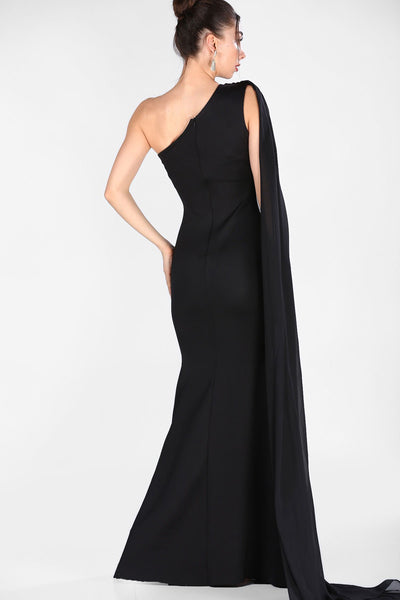  Chiffon detail black women fish model evening dress 