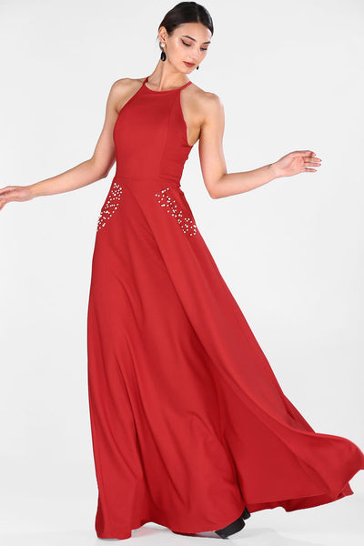 Pearled red women evening dress 