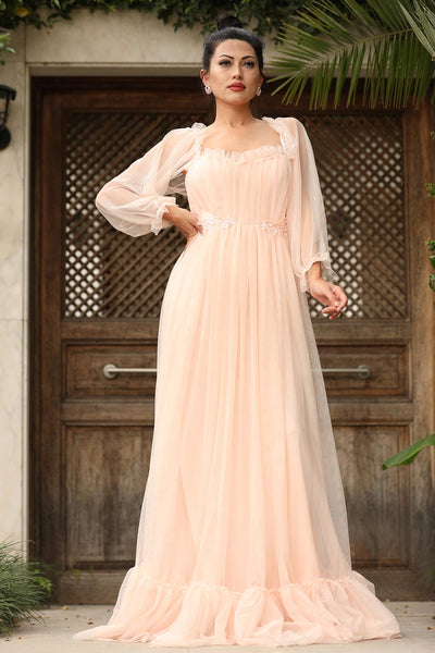  Boat collar salmon women evening dress 