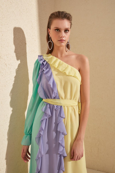 16443 multi colour one shoulder chiffon dress
