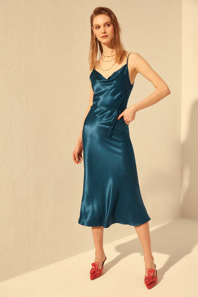 16399 green blue satin strap dress
