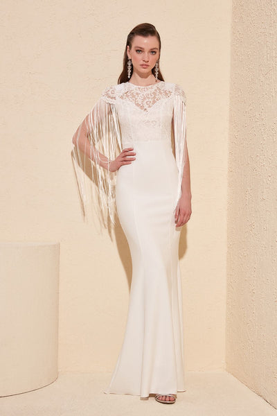 16431 ecru tassel sleeve lace top dress