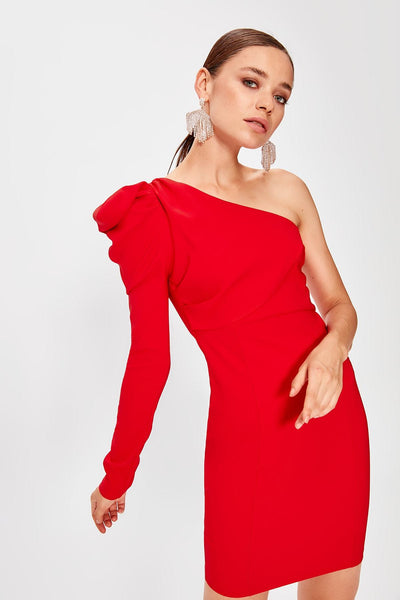 13351 Red Puffed One Shoulder Dress