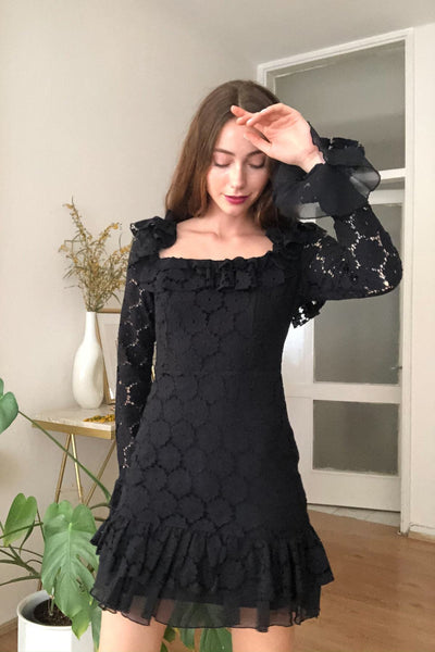 17607 Black Long Sleeve Chiffon Detail Lace Dress