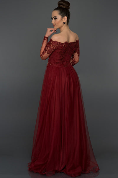  Burgundy Lace Long Sleeve Evening Dress ABU019 