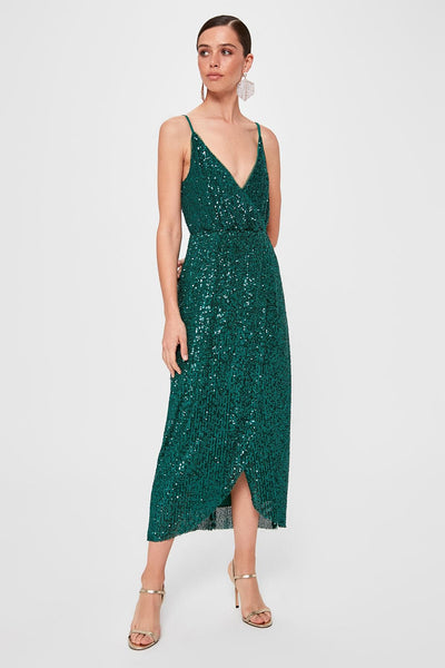 8394 Green Sequined Wrap Dress
