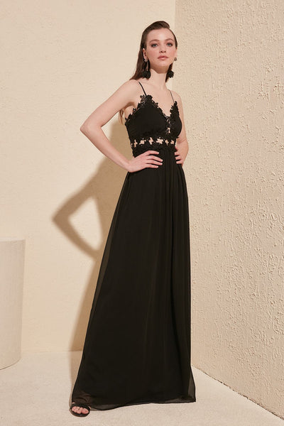 16434 black embroidered lace trim chiffon dress