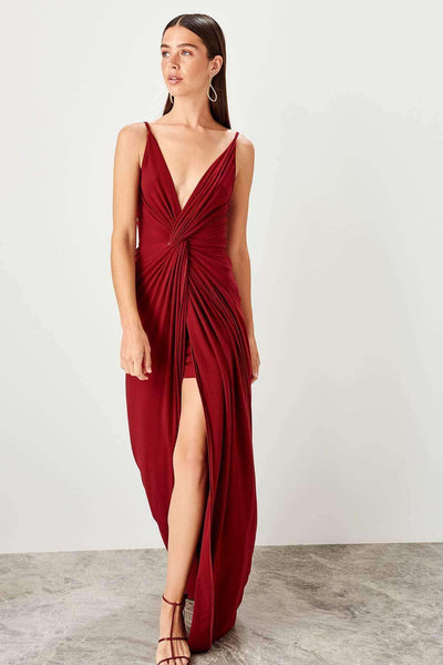 4995 Burgundy Draped Slit Evening Dress Women Dress South Africa