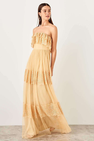 5110 Beige Tiered Lace Tulle Strapless Dress Women Dress South Africa