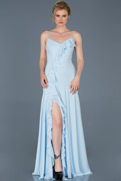 9317 Ice Blue Ruffle Slit Chiffon Dress Women Dress South Africa