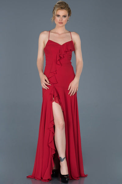 9321 Red Ruffle Slit Chiffon Dress Women Dress South Africa