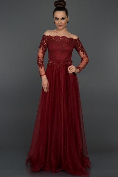 9324 Burgundy Off-Shoulder Lace Tulle Evening Dress Women Dress South Africa