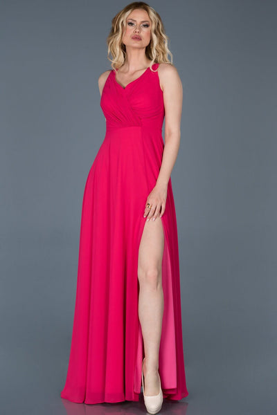 9362 Bright Pink Draped Long Slit Chiffon Dress Women Dress South Africa