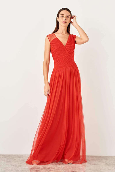 10785 Burnt Orange-Red Draped Tulle Dress Women Dress South Africa