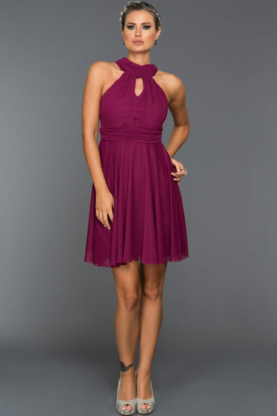 14848 Plum Back Bow Halter Dress