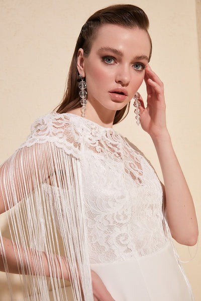 16431 ecru tassel sleeve lace top dress