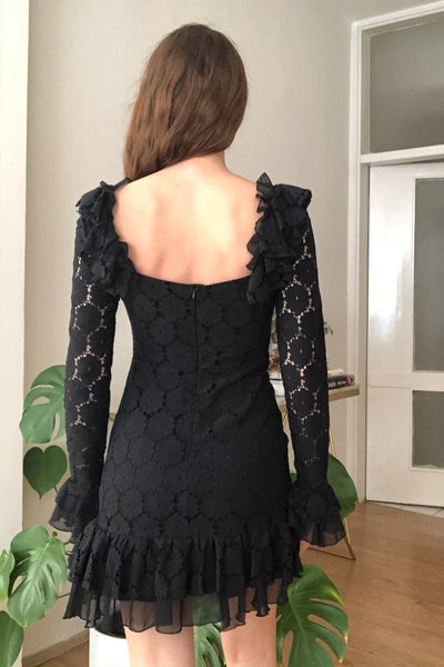 17607 Black Long Sleeve Chiffon Detail Lace Dress