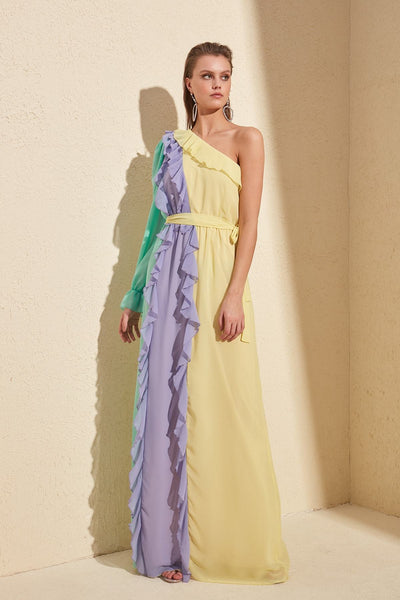 16443 multi colour one shoulder chiffon dress