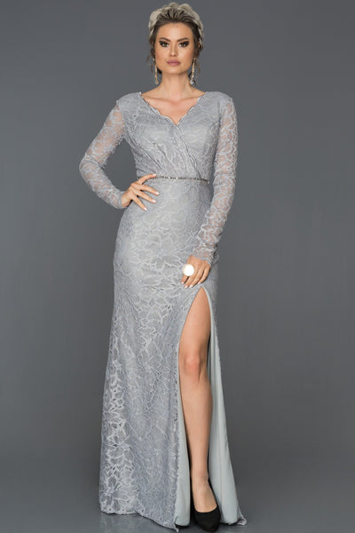 16928 grey low back lace slit dress
