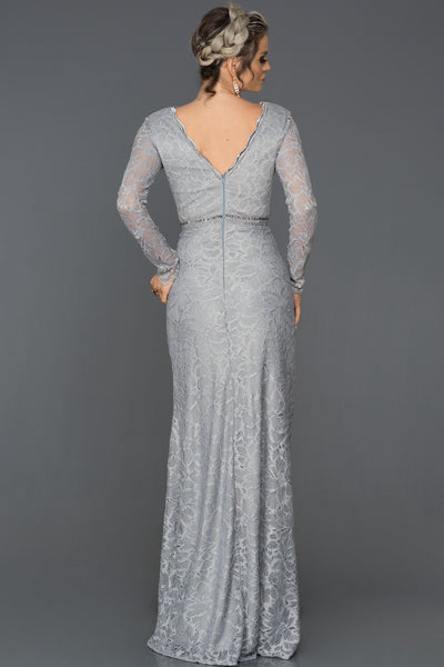 16928 grey low back lace slit dress