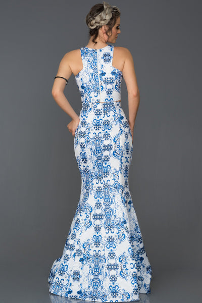14467 ecru blue patterned two piece evening dress