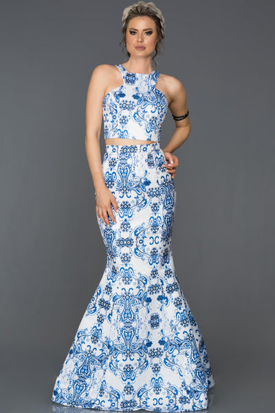 14467 ecru blue patterned two piece evening dress