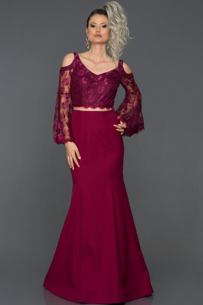 14490 plum lace sleeve transparent waist dress