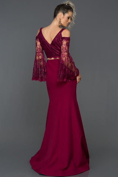 14490 plum lace sleeve transparent waist dress