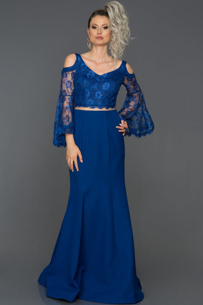 14491 royal blue lace sleeve transparent waist dress