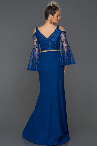 14491 royal blue lace sleeve transparent waist dress