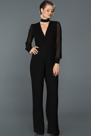10117 Black Shimmer Detail Chiffon Sleeve Jumpsuit