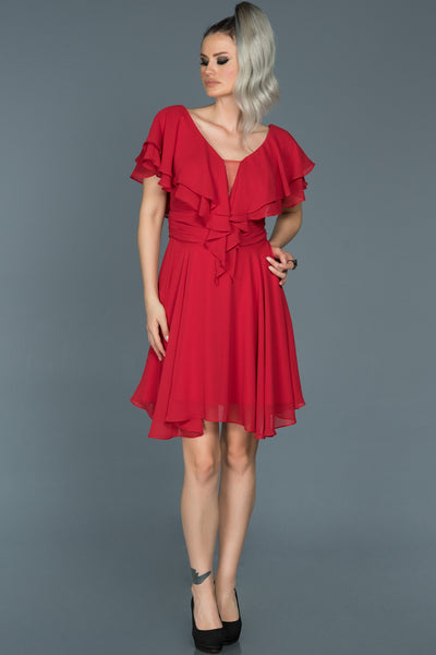14883 Red Draped Waistband Chiffon Dress