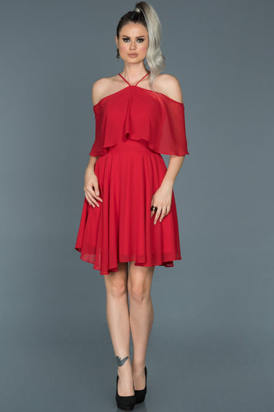 14868 Red Off-Shoulder Chiffon Dress