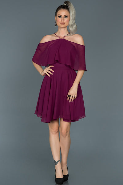 14870 Plum Off-Shoulder Chiffon Dress
