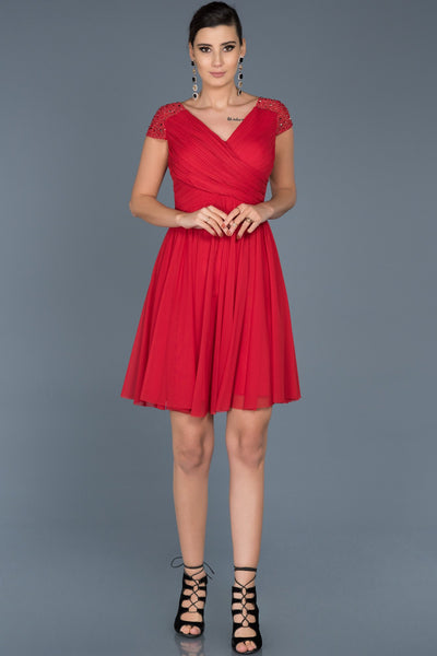 14854 Red Draped Shoulder Stone Dress