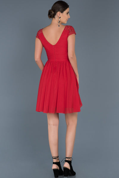  Red V Neck Chiffon Dress ABK306 