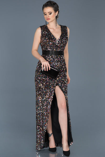 16078 multi colour sequined slit dress