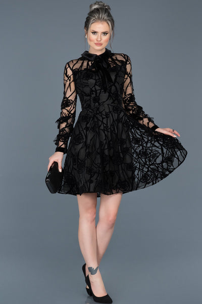 14784 Black Self Patterned Tulle Dress