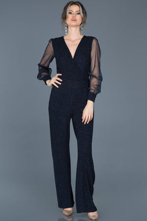 10135 Navy Blue Glitter Tulle Sleeve Jumpsuit
