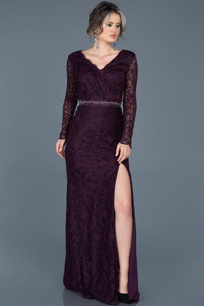  Dark Purple Leg Low-Cut Lace Evening Dress ABU016 