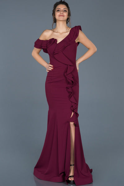  Plum Shoulder Low-Cut Slit Fish Evening Dress ABU626 