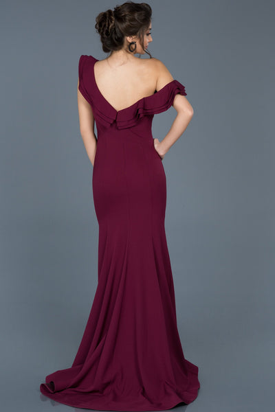  Plum Shoulder Low-Cut Slit Fish Evening Dress ABU626 