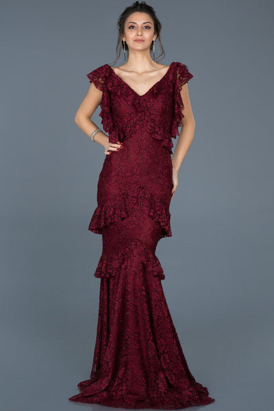  Burgundy Long Back Low-Cut Fish Evening Dress ABU627 