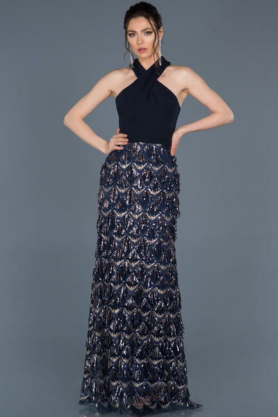  Navy Blue Sequined Back Low-Cut Fish Evening Dress ABU601 