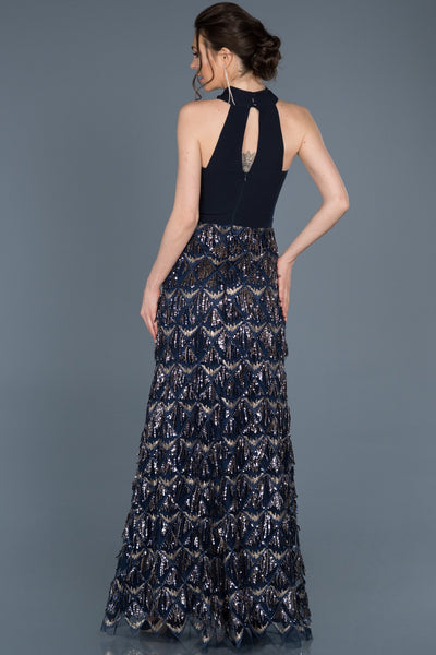  Navy Blue Sequined Back Low-Cut Fish Evening Dress ABU601 