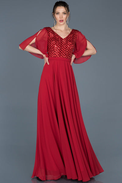 16081 red slit sleeve sequins chiffon dress
