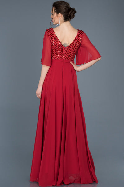 16081 red slit sleeve sequins chiffon dress