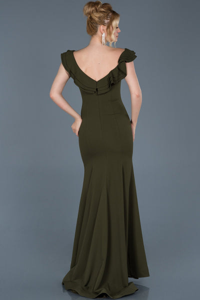 Khaki Shoulder Low-Cut Slit Fish Evening Dress ABU626 