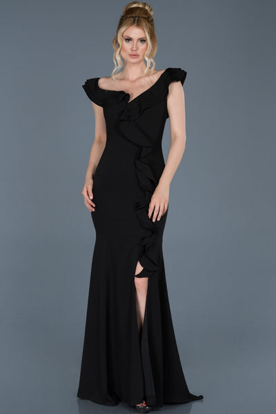 16920 black shoulder decollete slit fish evening dress