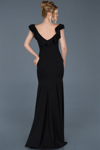 16920 black shoulder decollete slit fish evening dress